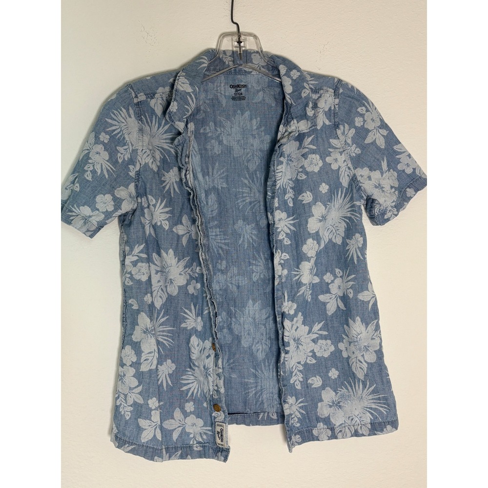 OshKosh Boys Blue‎ Floral Hibiscus Short Sleeve Button Down Shirt Size 12/12A